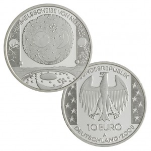 BRD 10 Euro 2008 Himmelsscheibe von Nebra, 925er Silber, 18g, Ø 32,5mm, Prägestätte A, st Auflage: 1.500.000, PP Auflage: 225.000, Jaeger-Nr. 539