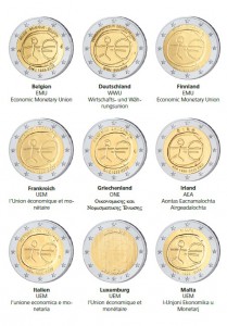 Inschriften auf den jeweiligen Ländervarianten der 2 Euro-Gemeinschaftsausgabe 2009