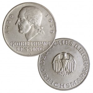 Weimarer Republik 3 Reichsmark 1929 „200. Geburtstag Gotthold Ephraim Lessing“, 500er Silber, 15g, Ø 30mm, Jaeger-Nr. 335