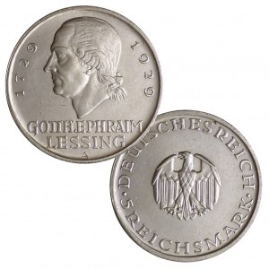 Weimarer Republik 5 Reichsmark 1929 „200. Geburtstag von Gotthold Ephraim Lessing“, 500er Silber, 25g, Ø 36mm, Jaeger-Nr. 336