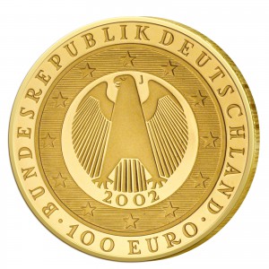 Wertseite der Münze BRD 100 Euro 2002 Übergang zur Währungsunion - Einführung des Euro