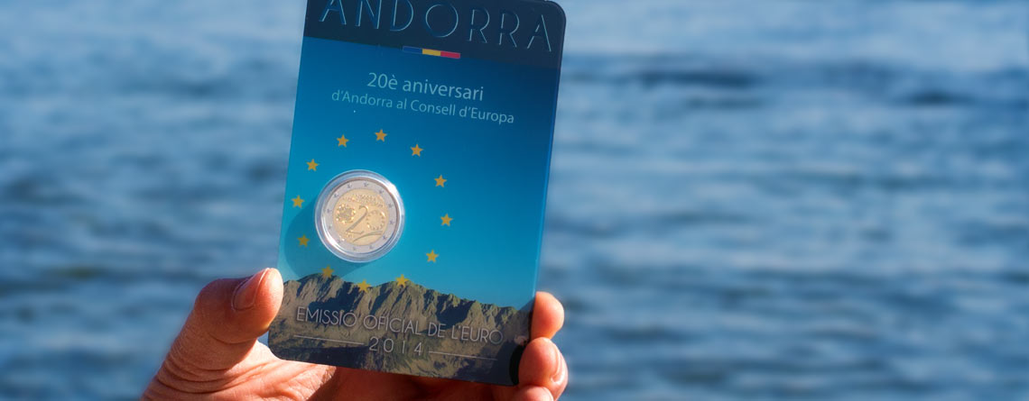 Andorra 2 Euro-Gedenkmünze 2014 Beitritt Europarat – endlich ausgegeben und bei uns am Bodensee angekommen… Fotos der geprägten Münze