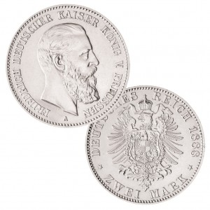 Preußen 2 Mark 1888 Friedrich III., 900er Silber, 11,111g, Ø 28mm, Prägestätte A (Berlin), Auflage 500.000, Jaeger-Nr. 98