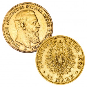 Preußen 20 Mark 1888 Friedrich III., 900er Gold, 7,965g, Ø 22,5mm, Prägestätte A (Berlin), Auflage 5.363.501, Jaeger-Nr. 247