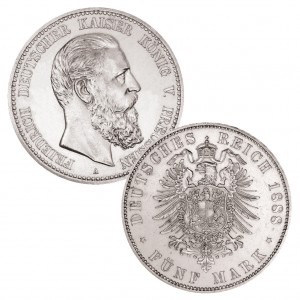 Preußen 5 Mark 1888 Friedrich III., 900er Silber, 27,778g, Ø 38mm, Prägestätte A (Berlin), Auflage 200.000, Jaeger-Nr. 99