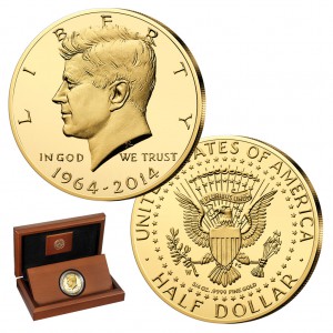 USA Half Dollar 2014 „50 Jahre Kennedy Half Dollar“, 999,9er Gold, 23,328g, Ø 30,61mm, im Etui mit Echtheitszertifikat, PP