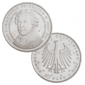 BRD 10 Euro 2012 300. Geburtstag Friedrich der Große, st (CuNi, 14g, Ø 32,5mm), PP (625er Silber, 16g, Ø 32,5mm), Jaeger-Nr. 569