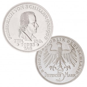 Münze 5 DM 1955 Deutschland, 150. Todestag von Friedrich von Schiller