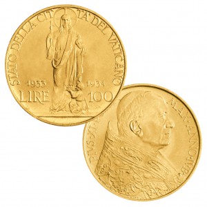 Stato della Città del Vaticano (Vatikan), Pontifikat Pius XI., 100 Lire 1933/34 „1900. Jahrestag der Auferstehung – Heiliges Jahr der Erlösung“, 900er Gold, 8,80g, Ø 23,5mm