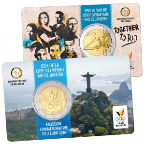 „Französische Variante“ Belgien 2 Euro-Gedenkmünze 2016 „Olympische Spiele 2016 Rio de Janeiro, Team Belgien“ Coincard (Motiv der Münze auf der „französischen“-Seite, Wertseite der Münze auf der „niederländischen Seite“ der Coincard)