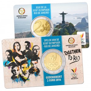 „Niederländische Variante“ Belgien 2 Euro-Gedenkmünze 2016 „Olympische Spiele 2016 Rio de Janeiro, Team Belgien“ Coincard (Motiv der Münze auf der „niederländischen“-Seite, die Wertseite auf der „französischen“ Seite der Coincard)