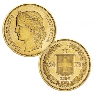 Schweiz 20 Franken (Helvetia) 1886-1895, 900er Gold, 6,45g, Ø 21,4mm