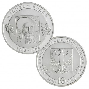 BRD, 10 Euro 2007 175. Geburtstag Wilhelm Busch, 925er Silber, 18g, Ø 32,5mm, Prägestätte D (München), st Auflage: 1.600.000, PP Auflage: 300.000, Jaeger-Nr. 529