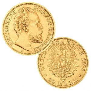 Herzogtum Anhalt 20 Mark 1875, 900er Gold, 7,965g, Ø 22mm, Jaeger-Nr.: 179, Auflage: 25.000