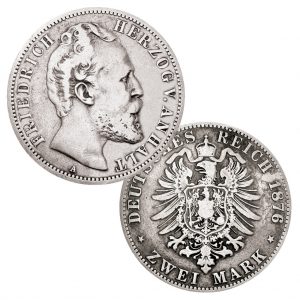 Herzogtum Anhalt 2 Mark 1876, 900er Silber, 11,111g, Ø 28mm, Jaeger-Nr.: 19, Auflage: 200.000