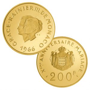 Fürstentum Monaco 200 Francs 1966 „10 Jahre Hochzeit Gracia Patricia & Rainier III.“, 920er Gold, 32 Gramm, 35mm, PP (flan bruni), Auflage: 1.000