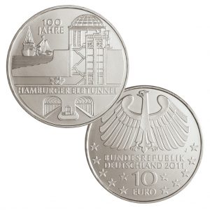 BRD 10 Euro 2011 100 Jahre Hamburger Elbtunnel, st (CuNi, 14g, Ø 32,5mm), PP (625er Silber, 16g, Ø 32,5mm), Jaeger-Nr. 565