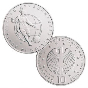 BRD 10 Euro 2011 Frauenfußball-WM in Deutschland, st (CuNi, 14g, Ø 32,5mm), PP (625er Silber, 16g, Ø 32,5mm), Jaeger-Nr. 561