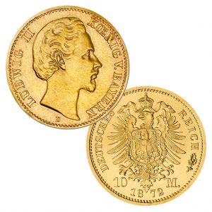 Königreich Bayern 10 Mark 1872/1873, 900er Gold, 3,982g, Ø 19,50mm, Jaeger-Nummer 193