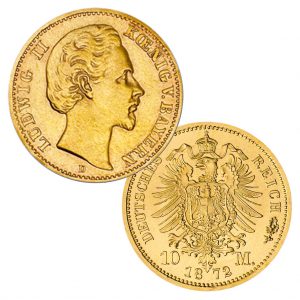 Münzen 10 Mark Königreich Bayern 1872/1873, 900er Gold