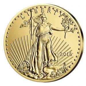 Motivseite „Walking Liberty«, die dem Betrachter entgegen¬laufende Personifikation der Freiheit, nach dem Entwurf von Augustus Saint-Gaudens“ der Münze USA 50 Dollar 2016 „Gold Eagle“, 916,7er Gold, 33,930g (Feingewicht 31,103g), Ø 32,7mm