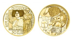 Österreich 50 Euro 2016 „Gustav Klimt und die Frauen: Der Kuss“, 986er Gold, 10,14g, Ø 22mm, im Etui mit Echtheitszertifikat, PP, Auflage: 30.000
