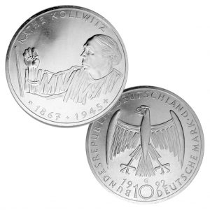 BRD 10 DM 1992 125. Geburtstag von Käthe Kollwitz, 625er Silber, 15,5g, Ø 32,5mm, Prägestätte G (Karlsruhe), Jaeger-Nr. 453, Auflage: 8.000.000 (PP: 450.000)