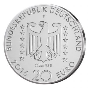 Wertseite der Münze BRD 20 Euro 2016 125. Geburtstag Nelly Sachs, 925er Silber 18g, Ø 32,5mm