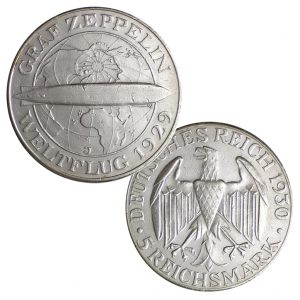 Weimarer Republik 5 Reichsmark 1930 Weltflug des Luftschiffes „Graf Zeppelin“ 1929, 500er Silber, 25g, Ø 36mm, Prägestätten ADEFGJ (Berlin, München, Muldenhütten, Stuttgart, Karlsruhe, Hamburg), Jaeger-Nr. 343