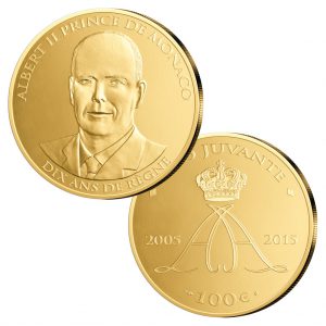 Monaco 100 Euro 2015 „10jähriges Thronjubiläum Fürst Albert II.“, 900er Gold, 32,25 Gramm, Ø 35mm, im Etui, mit Echtheitszertifikat, PP, Auflage: 499