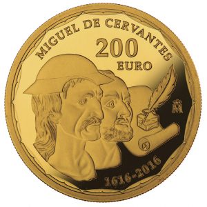 Spanien 200 Euro 2016 „400. Todestag von Miguel de Cervantes’“, 999er Gold 13,50g, ø30mm, im Etui mit Echtheitszertifikat, PP, Auflage: 2.500