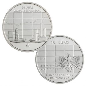 BRD 10 Euro 2007 50 Jahre Deutsche Bundesbank, 925er Silber, 18g, Ø 32,5mm, Prägestätte J (Hamburg), st Auflage: 1.600.000, PP Auflage: 300.000, Jaeger-Nr. 530