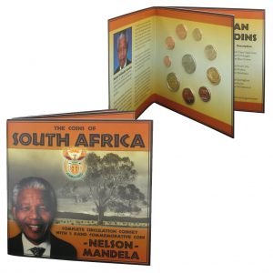 Südafrika Kursmünzensatz „Nelson Mandela“, 1 Cent bis 5 Rand 2001-2005, 5 Rand Nelson Mandela, im Blister mit Lebenslauf Mandela, unzirkuliert