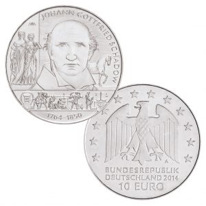 BRD 10 Euro 2014 250. Geburtstag Johann Gottfried Schadow, st (CuNi, 14g, Ø 32,5mm), PP (625er Silber, 16g, Ø 32,5mm), Jaeger-Nr. 587