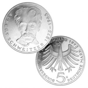 BRD 5 DM 1975 100. Geburtstag Albert Schweitzer, 625er Silber, 11,2g, Ø 29mm, Prägestätte G (Karlsruhe), Jaeger-Nr. 418, Auflage: 7.750.000 (PP: 250.000)