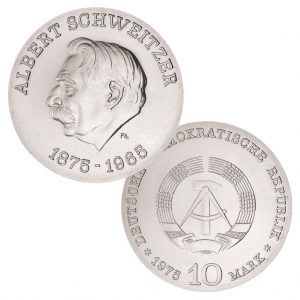 DDR 10 Mark 1975 100. Geburtstag Albert Schweitzer, 625er Silber, 17g, Ø 31mm, Prägestätte A (Berlin), Auflage: 101.100 (PP: 1040), Jaeger-Nr. 1554