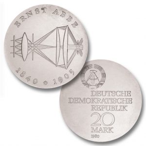 DDR 20 Mark 1980 75. Todestag Ernst Abbe, 500er Silber, 20.9g, Ø 33mm, Prägestätte A (Berlin), Auflage: 39.500 (PP: 5.503), Jaeger-Nr. 1575