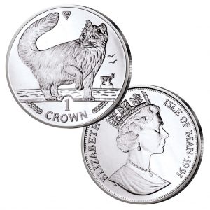 Silbermünze 1 Crown Isle of Man 1991 Norwegische Waldkatze