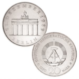DDR 20 Mark 1990 Öffnung des Brandenburger Tores, 999,5er Silber, 18,2g, Ø 33mm, Prägestätte A (Berlin), Auflage: 154.525, Jaeger-Nr. 1635S