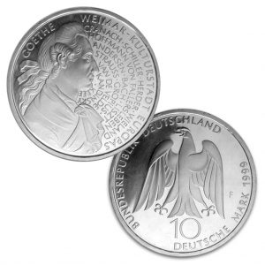 BRD 10 DM 1999 250. Geburtstag Johann Wolfgang von Goethe & Weimar – Kulturhauptstadt Europas 1999, 925er Silber, 15,5g, Ø 32,5mm, Jaeger-Nr. 473, Prägestätte F (Stuttgart), Auflage: 3.000.000, PP: Prägestätten ADFGJ, Auflage je 160.000