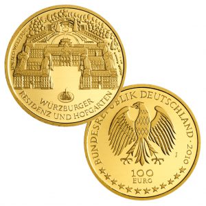 BRD 100 Euro 2010 UNESCO Weltkulturerbe - Würzburg, 999,9er Gold, 15,55g, Ø 28mm, Prägestätte ADFGJ, st Auflage: 64.000 je Prägestätte, Jaeger-Nr. 555
