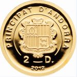 Wertseite der Goldmünze Andorra 2 Diner 2012„125. Geburtstag Pater Pio“