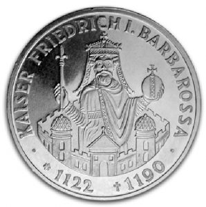 BRD 10 DM 1990 800. Todestag Kaiser Friedrich I. Barbarossa, 625er Silber, 15,5g, Ø 32,5mm, Prägestätte F (Stuttgart), Jaeger-Nr. 449, Auflage: 7.450.000 (PP: 400.000)