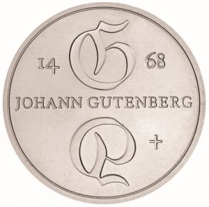 DDR 10 Mark 1968 500. Todestag Johannes Gutenberg, 625er Silber, 17g, Ø 31mm, Prägestätte A (Berlin), Auflage: 100.328, Jaeger-Nr. 1523