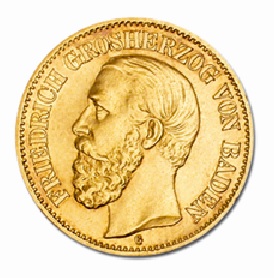 Großherzogtum Baden 5 Mark 1877 Friedrich I., 900er Gold, 1,991g, Ø 17mm, Jaeger 185