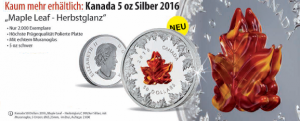 Silbermünze mit Muranoglas 50 Dollars 2016 Kanada Maple Leaf Herbstglanz