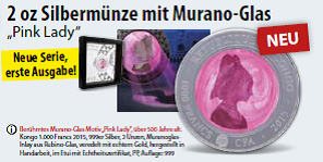 Silbermünze mit Muranoglas 2 Unzen Kongo über 500 Jahre alt - Pink Lady