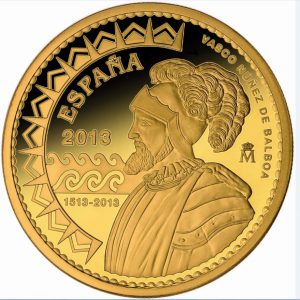 Spanien 200 Euro 2013 „500. Jahrestag - Vasco Nuñez de Balboa und die Entdeckung des Pazifischen Ozeans“, 999er Gold, 13,5g, Ø 30mm, im Etui, Auflage: 3.000