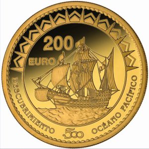 Wertseite der spanischen Goldmünze Spanien 200 Euro 2013 „500. Jahrestag - Vasco Nuñez de Balboa und die Entdeckung des Pazifischen Ozeans“