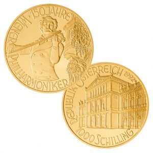 Österreich 1000 Schillings 1992 – „Johann Strauß als Geiger – Jubiläum 150 Jahre Wiener Philharmonie“, 986er Gold, 16g, 30mm